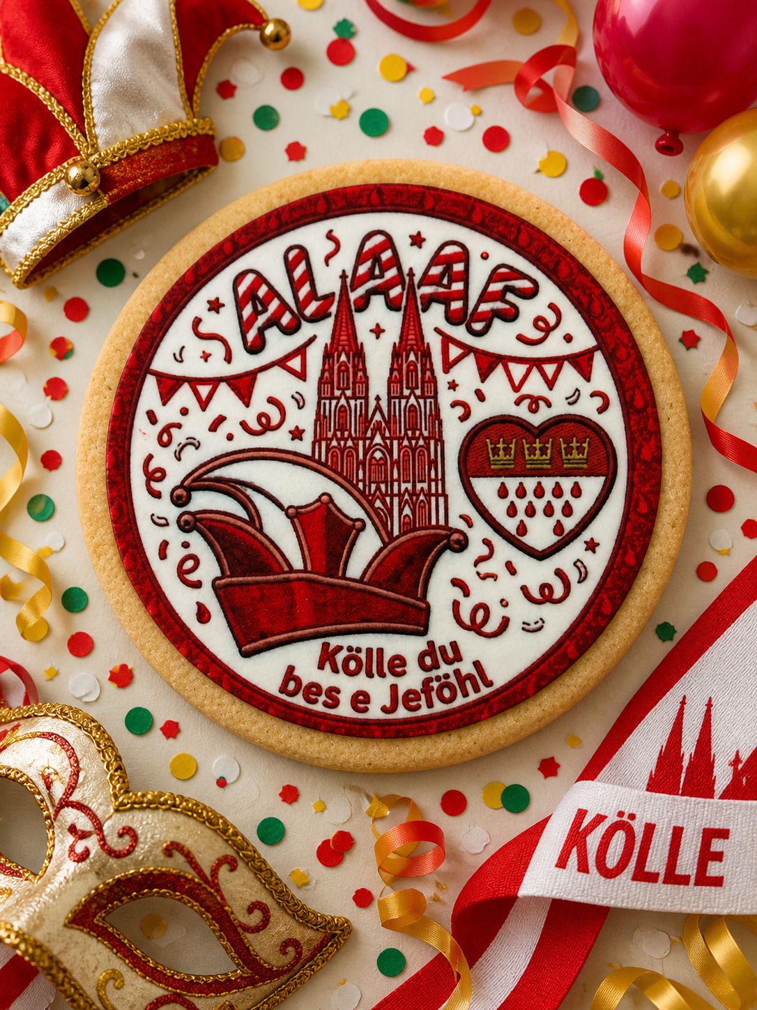 Karnevals-Cookie mit Kölner Dom, Narrenkappe und der Aufschrift Alaaf