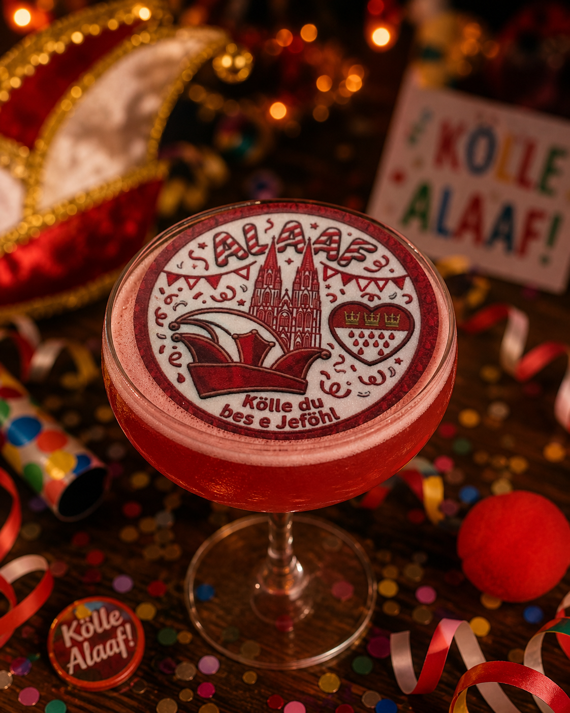 Cocktail mit essbarem Alaaf-Aufleger