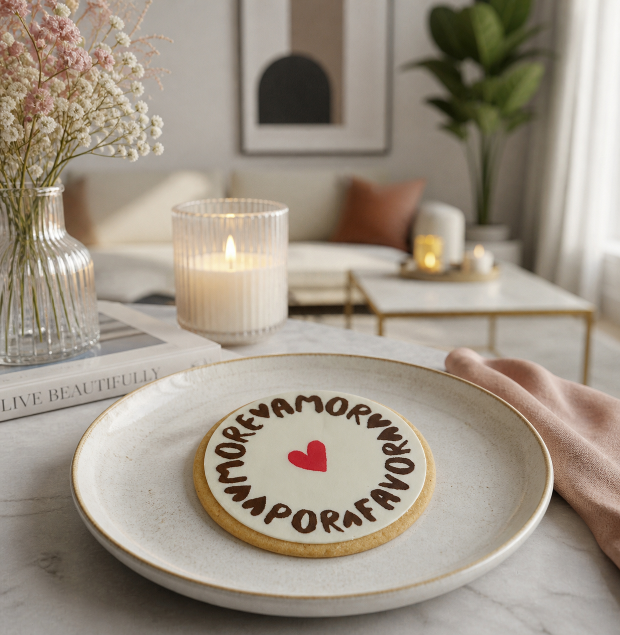 Cookie mit Herz und der Aufschrift Amor por favor
