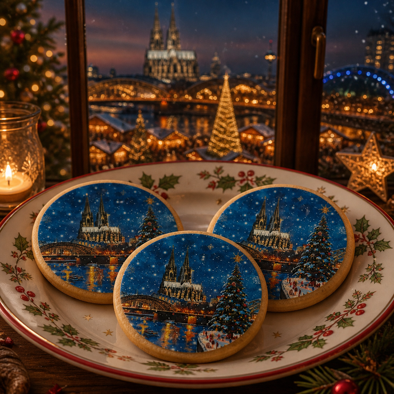 Drei Cookies mit Kölner Dom im Schnee vor Weihnachtsmarkt-Kulisse