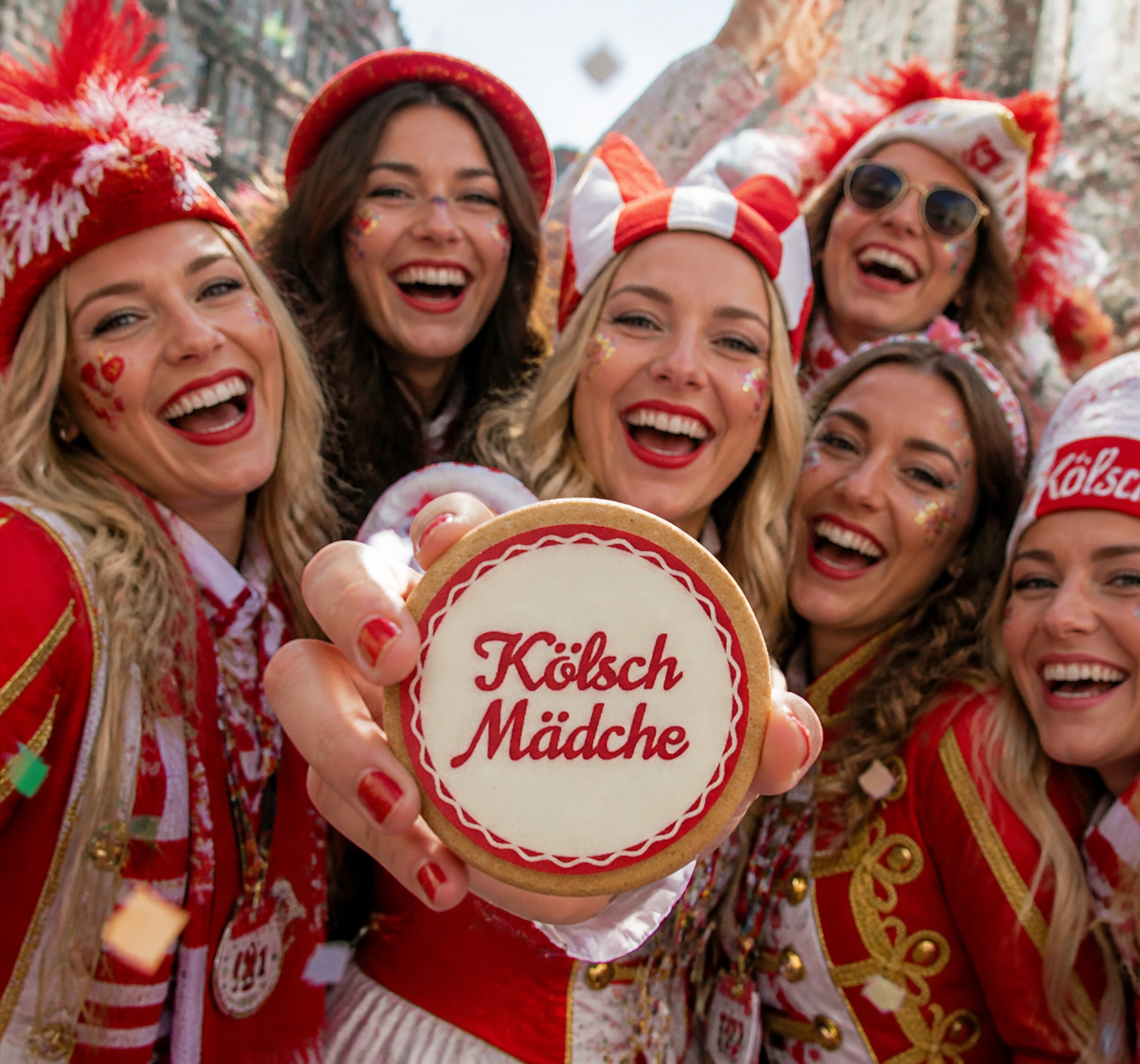 Gruppe in Karnevalskostümen hält einen Kölsch-Mädche-Cookie