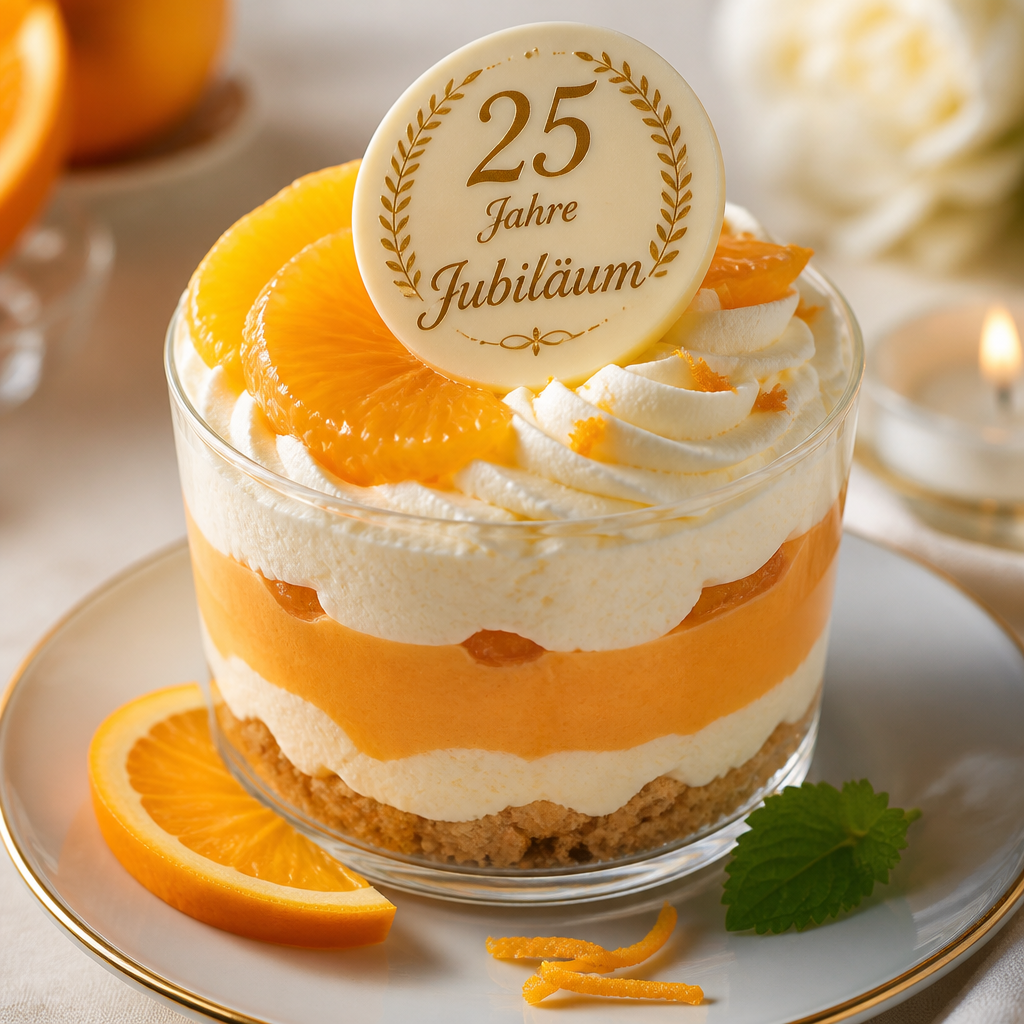 Essbarer Dessert-Aufleger mit 25-Jahre-Jubiläums-Motiv auf einem Dessert im Glas