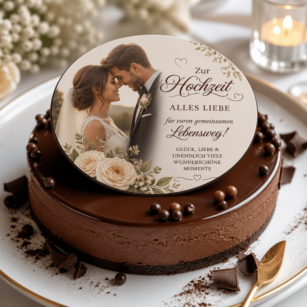 Essbarer Dessert-Aufleger mit Hochzeitsfoto auf einer Torte