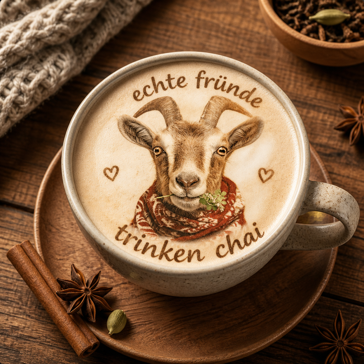 Essbarer Getränke-Aufleger mit Ziegen-Motiv auf einem Chai Latte