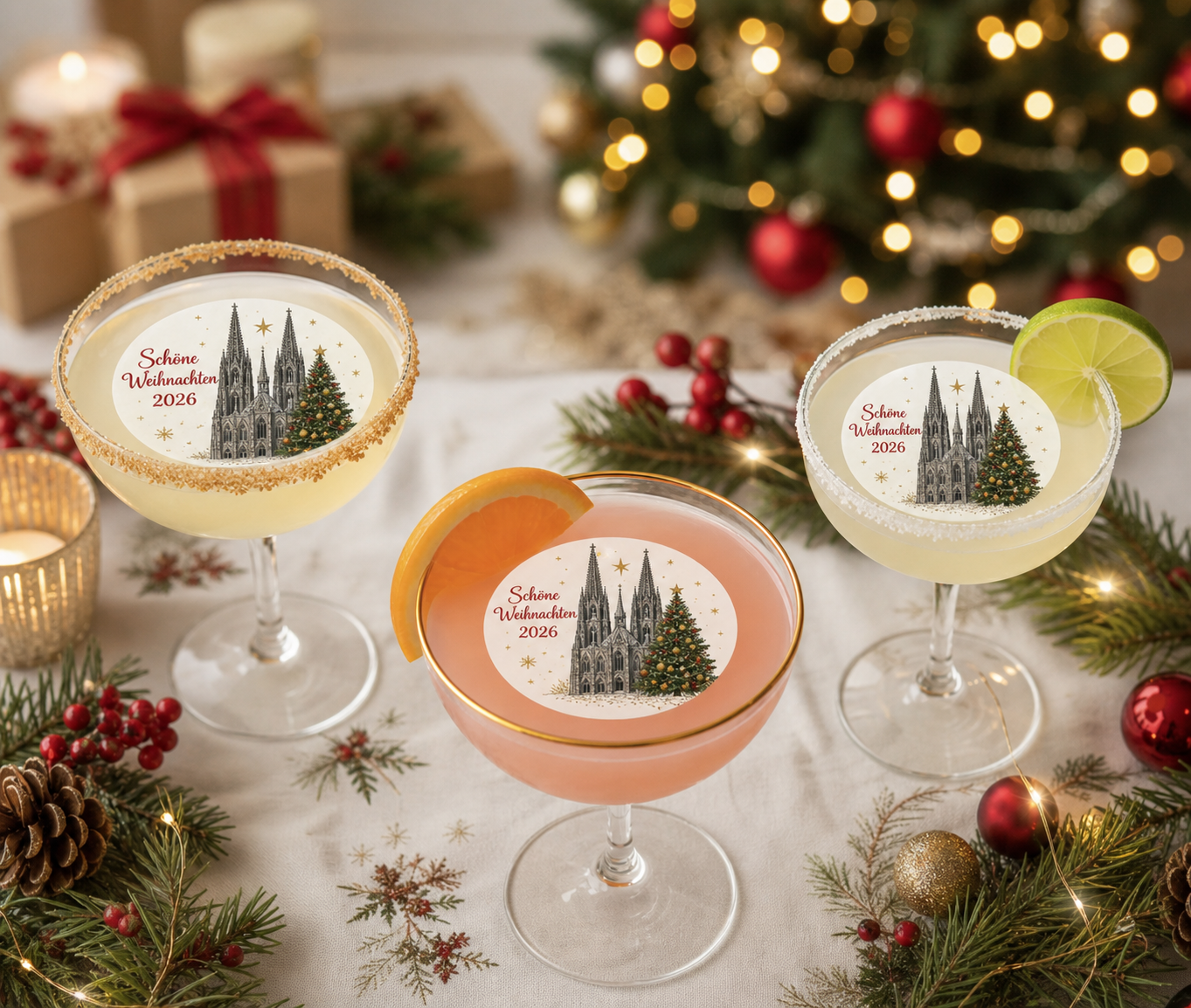 Essbarer Getränke-Aufleger mit Kölner-Dom-Weihnachtsmotiv auf Cocktails