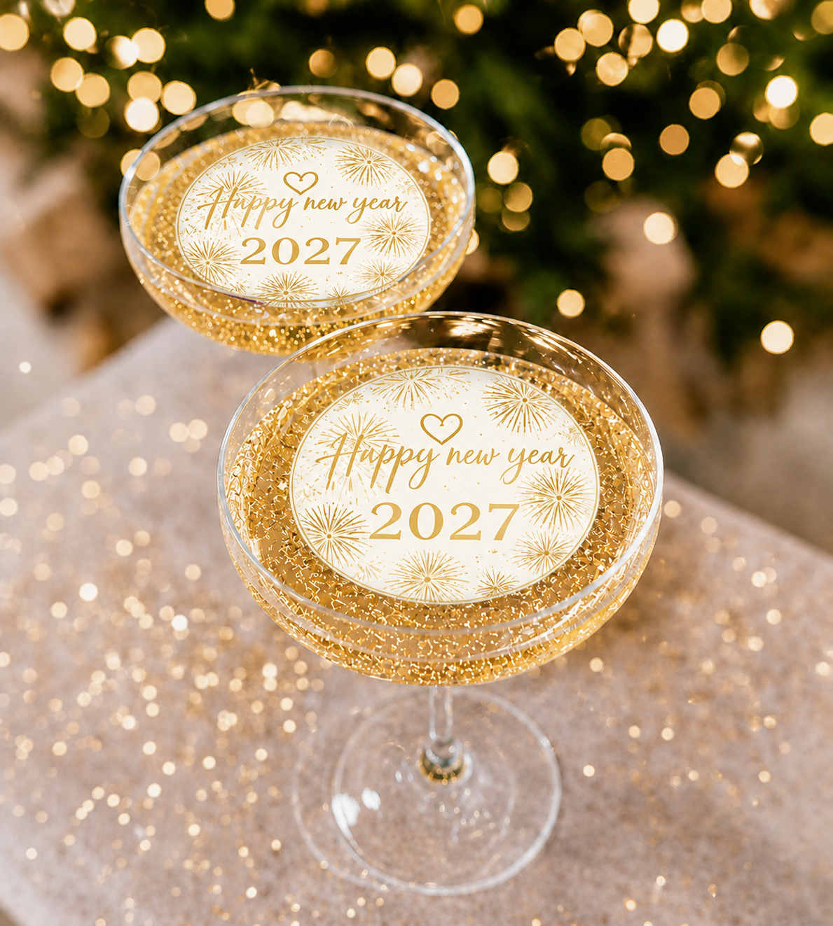 Essbarer Getränke-Aufleger mit Happy-New-Year-2027-Feuerwerksmotiv im Sektglas