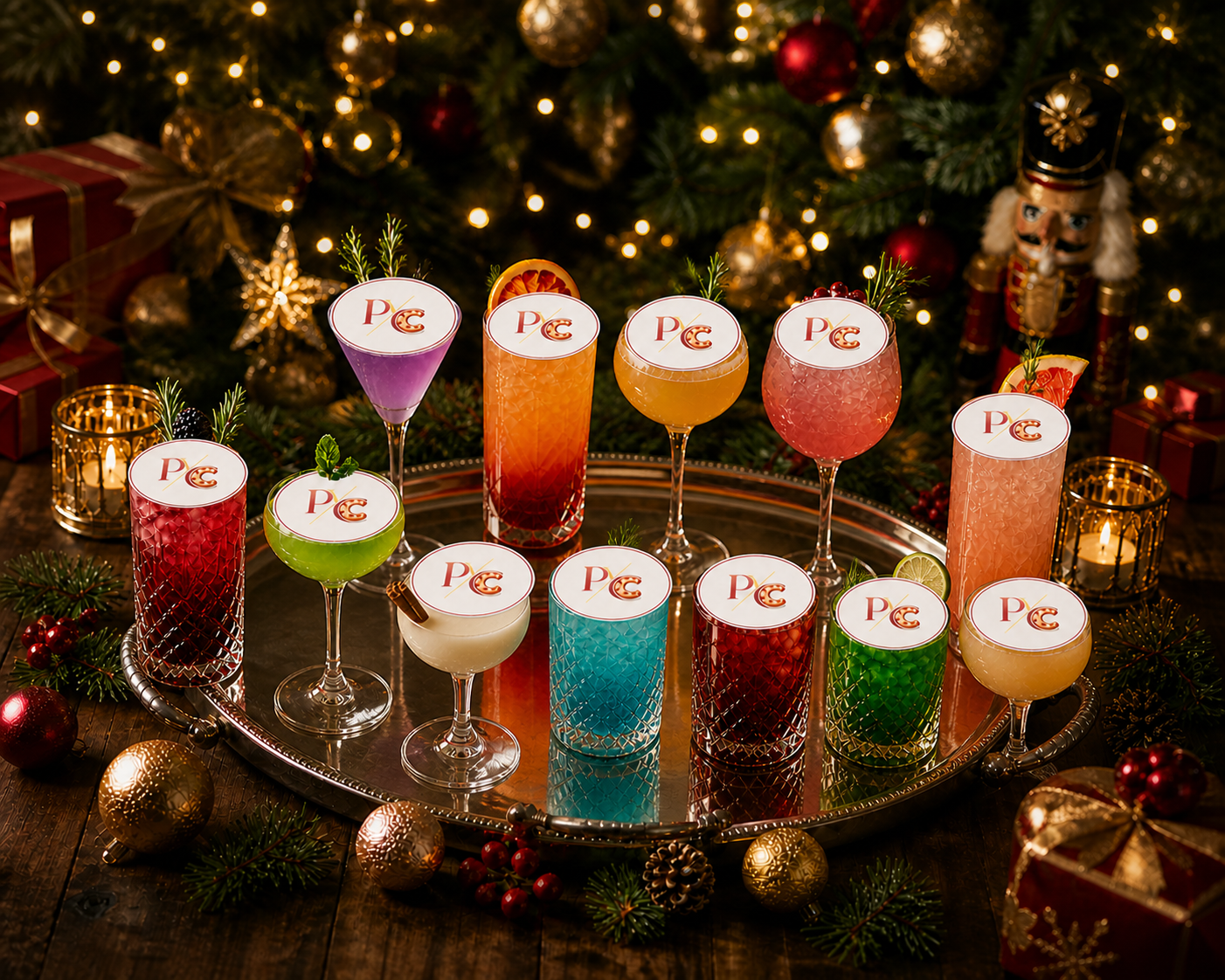 Tablett mit mehreren Cocktails, jeweils mit essbarem Print-Your-Cookies-Logo-Aufleger