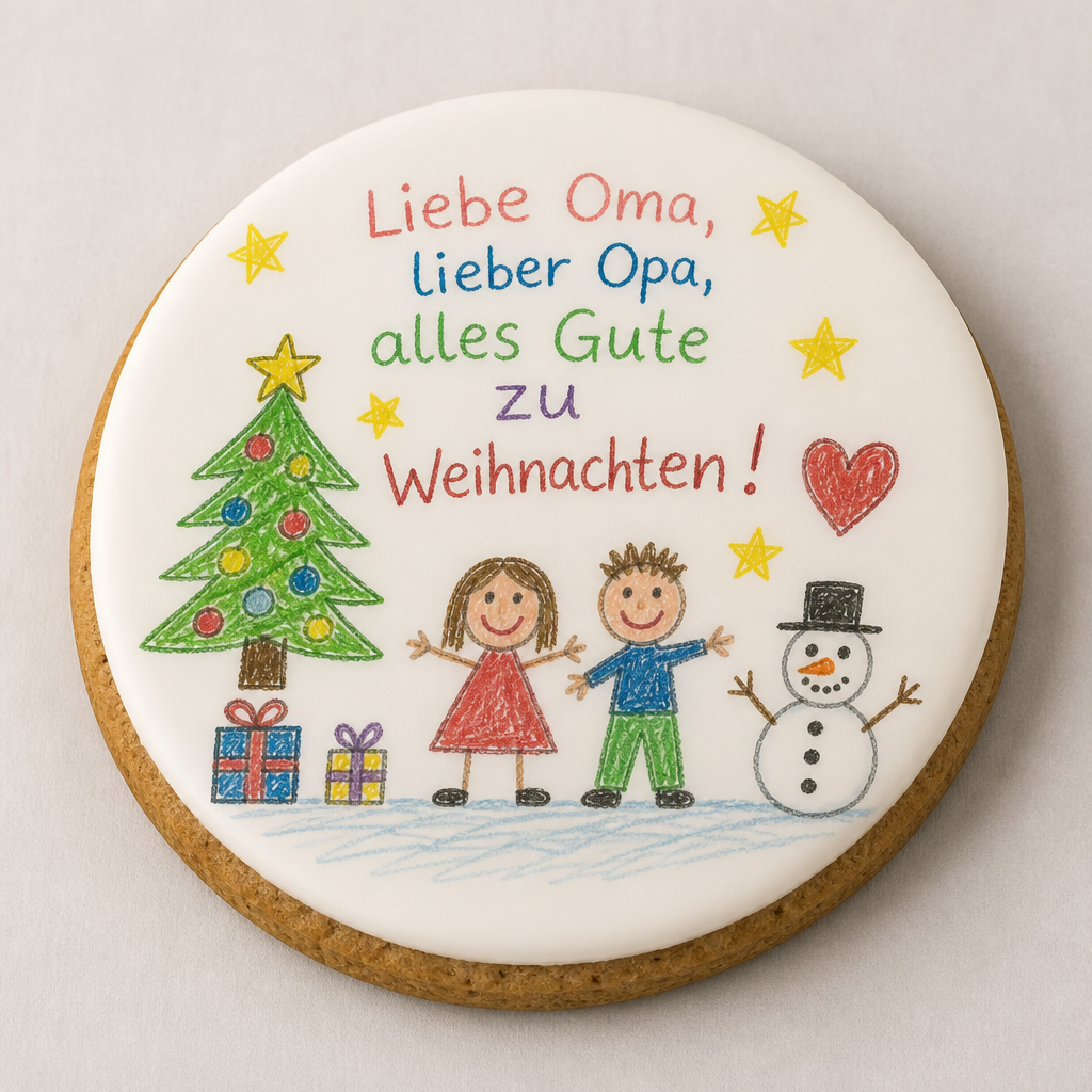 Personalisierter Keks mit Kinderzeichnung und Weihnachtsgruß