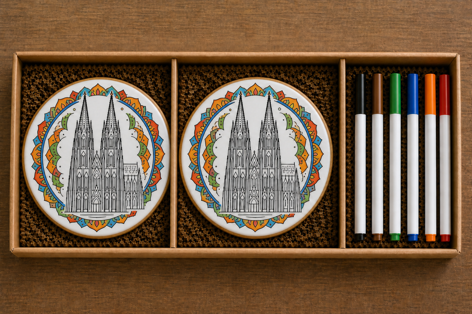 DIY Keks-Set mit Kölner-Dom-Mandala, bunt ausgemalt